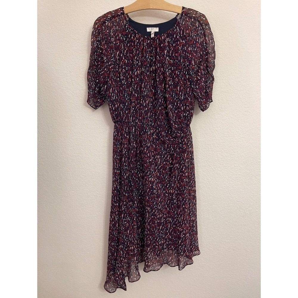 Joie Silk Abstract Print Dress Navy Red White Asymmetrical Hem‎ Small